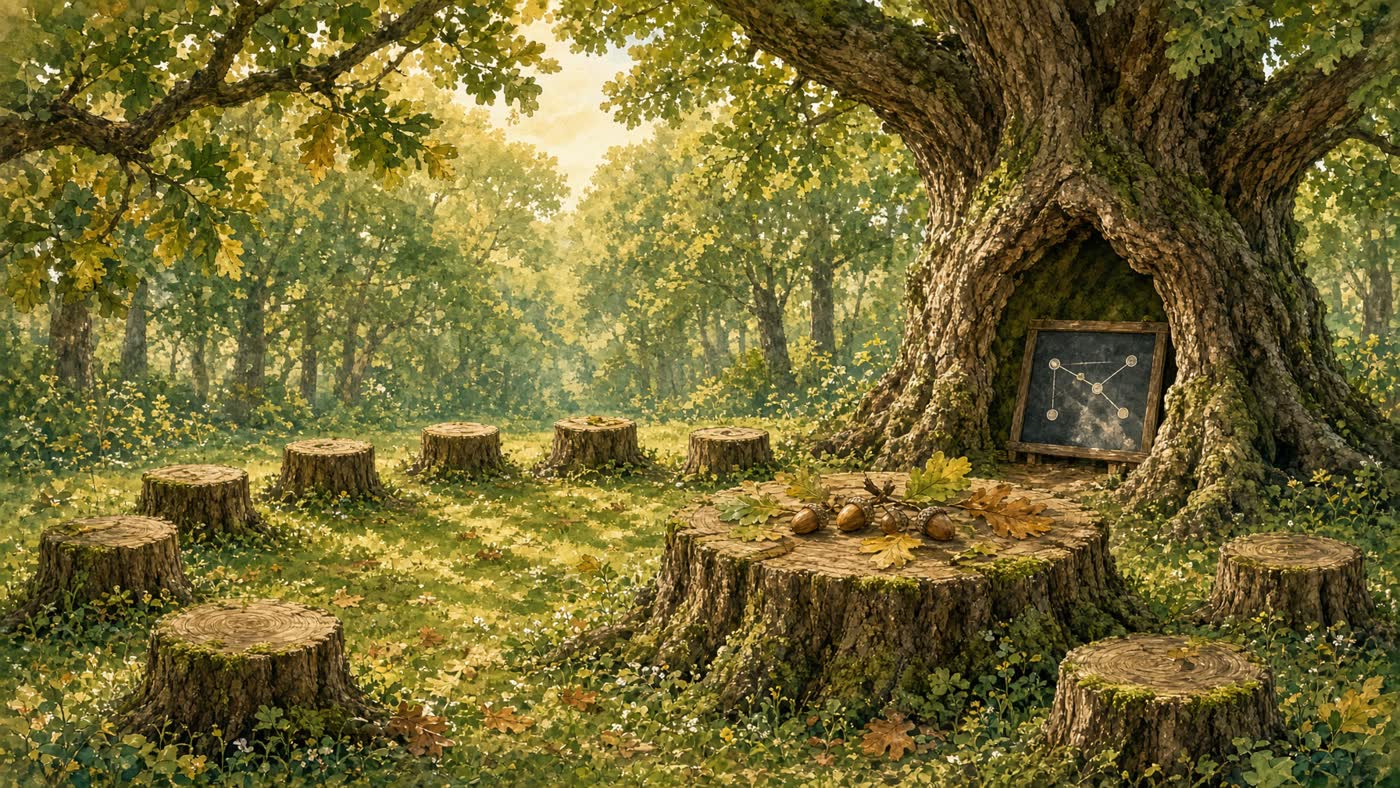 Children reading under a tree with a ninja fox