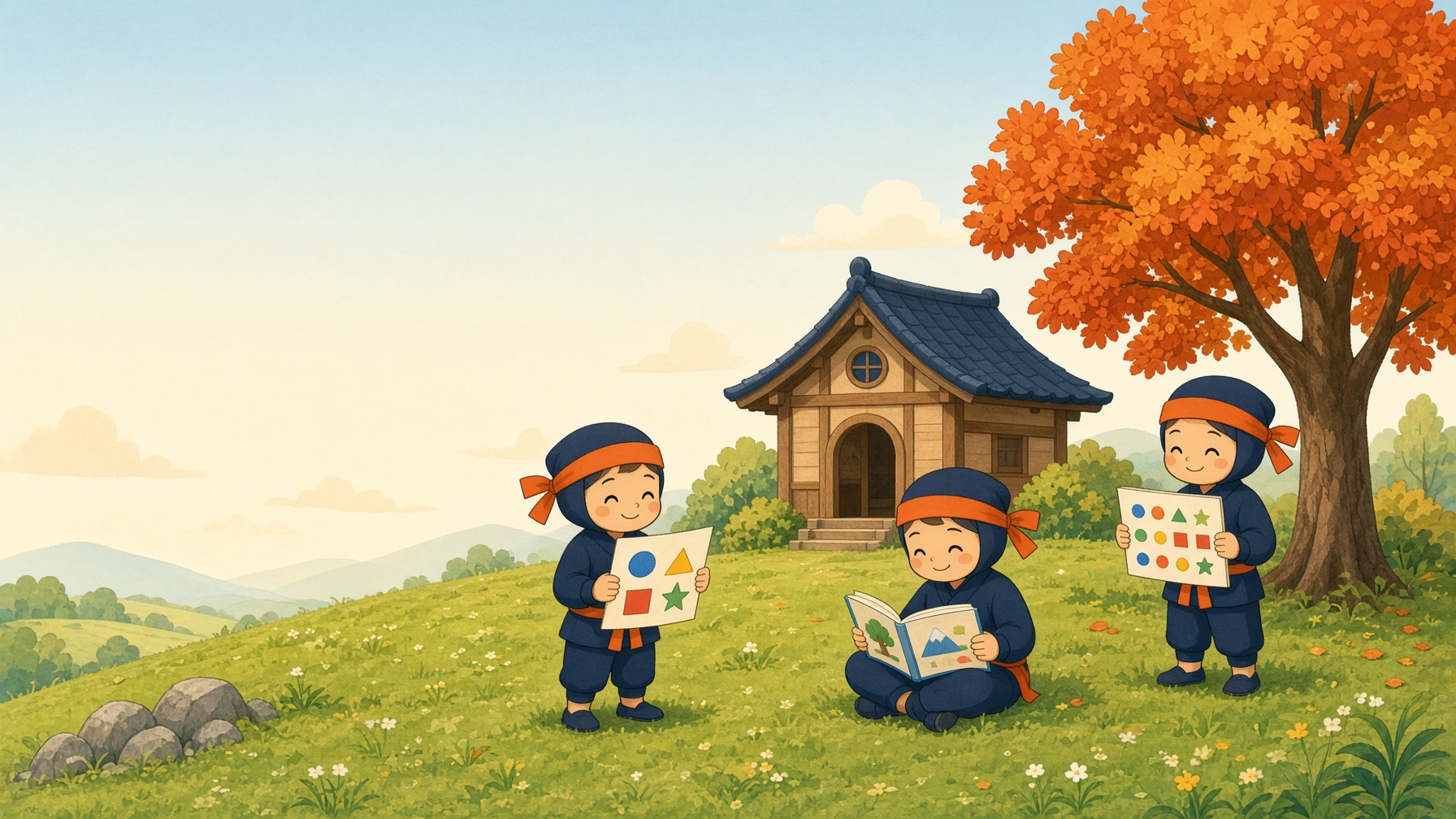 Ninja children learning with books and shapes beside a small dojo